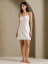 [White] SilkSilky-CA Spaghetti Strap V Neck Nightgown 010