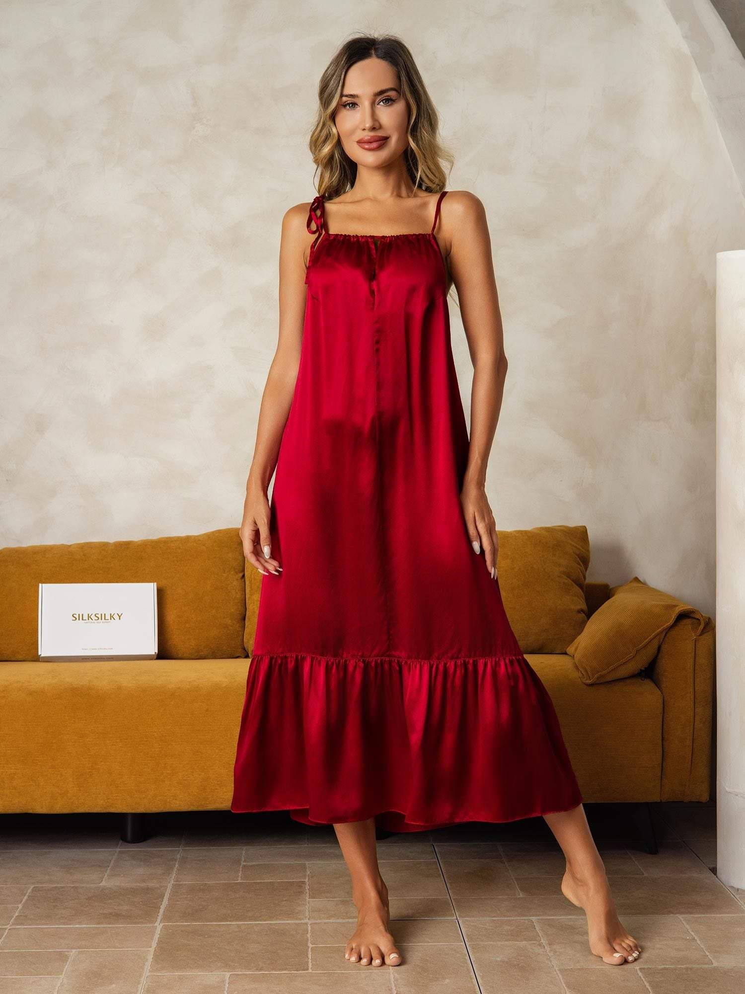 [Wine] SilkSilky-CA Pure Silk Keyhole Neck Nightgown 001