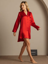[Red] SilkSilky-CA Long Sleeve Lapel Collar Nightshirt 004