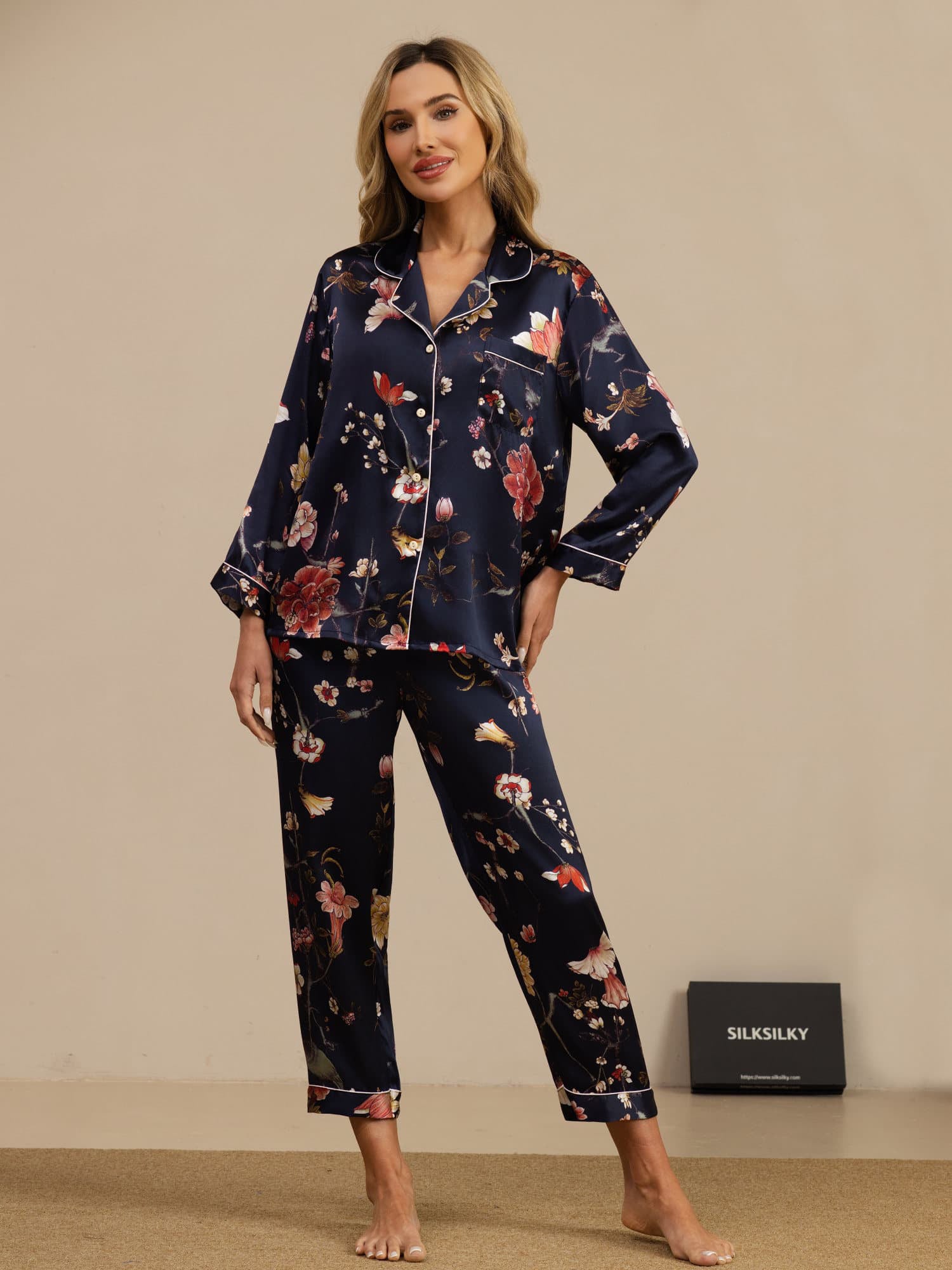 [Navy Floral] SilkSilky-CA Long Sleeve Notch Collar Women's Pajamas 001