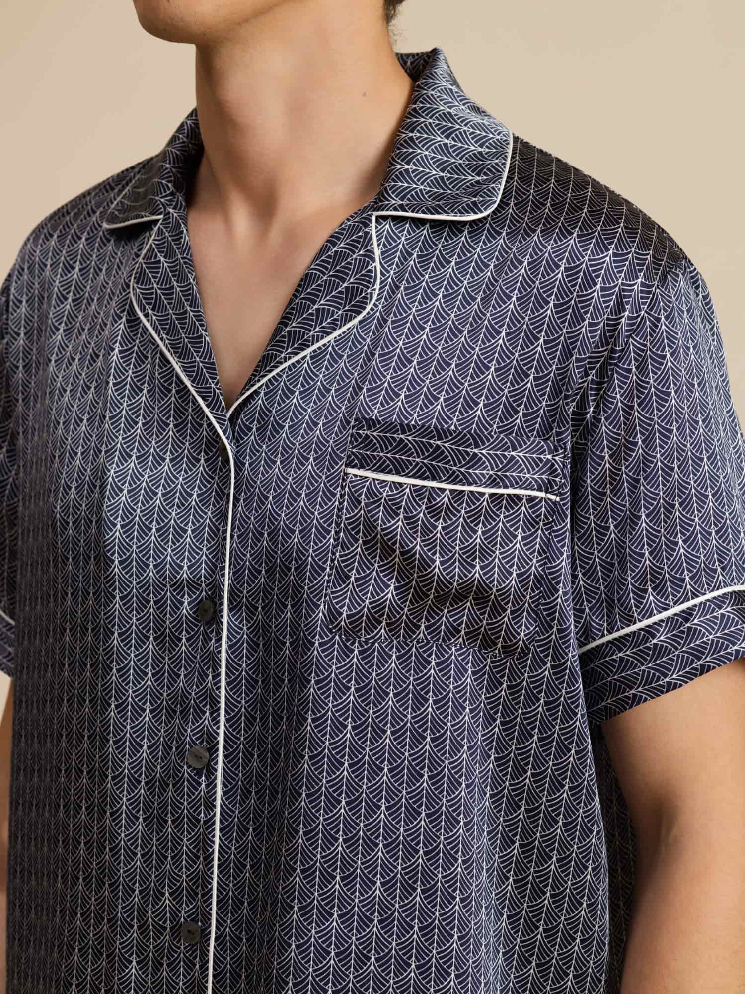 [Navy Ginkgo] SilkSilky-CA Short Sleeve Notch Collar Men's Pajamas 009