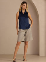[Dark Blue] SilkSilky-CA Sleeveless Lapel Collar Women's Shirt 007