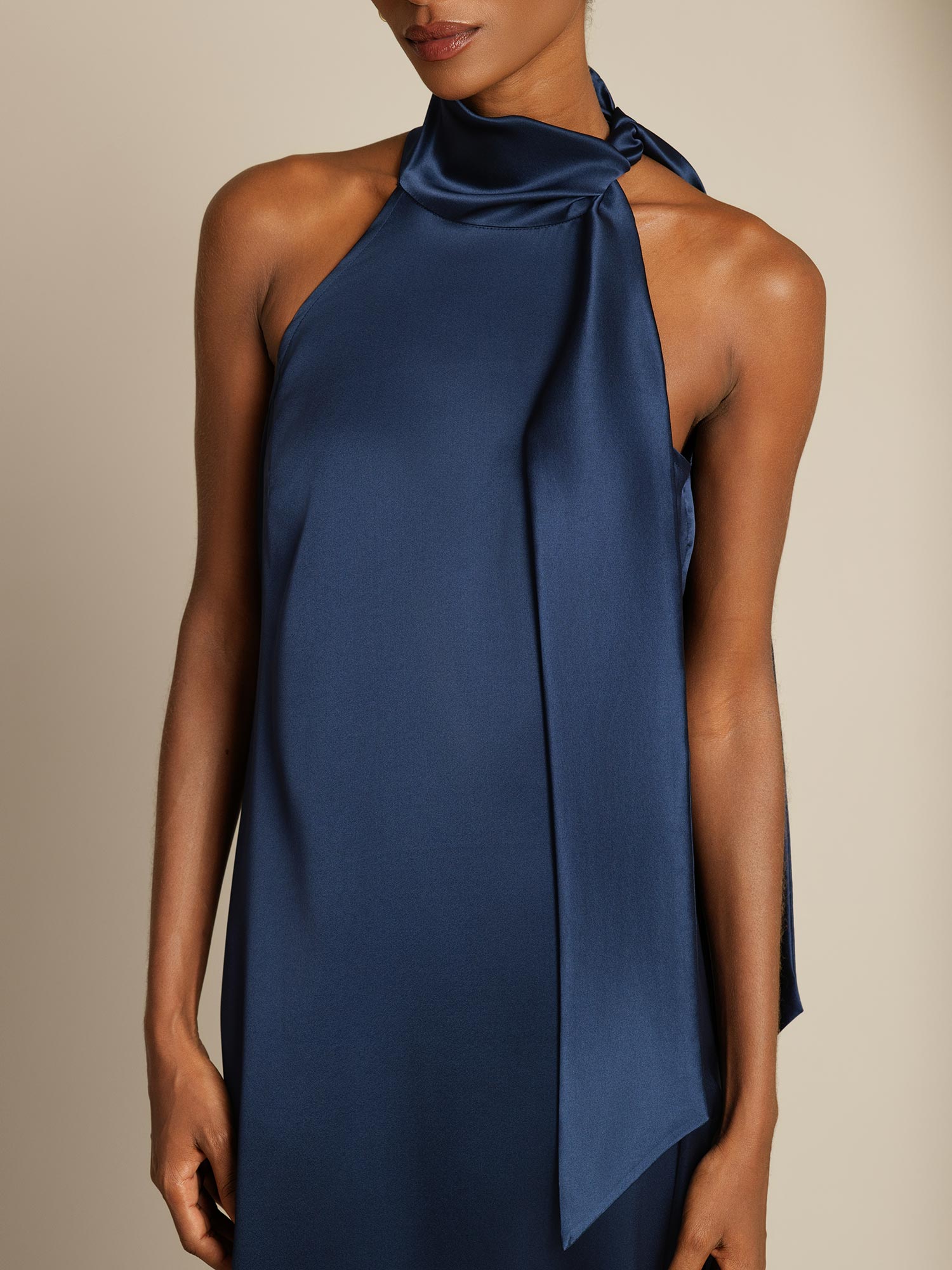 [Dark Blue] SilkSilky-CA 19Momme Silk Tie Neck Dress 005,