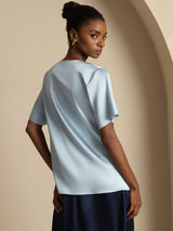 [Grayish Blue] SilkSilky-CA Short Sleeve Cowl Neck Women's Blouse 002