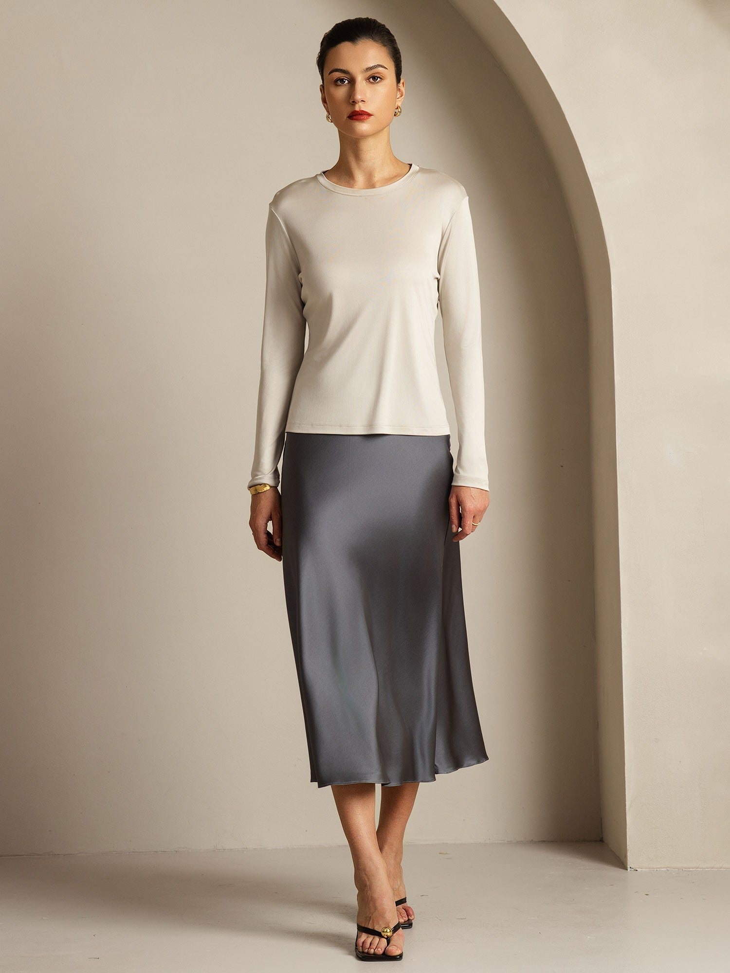 [Gray] SilkSilky-CA Pure Silk Womens T-Shirt 007,