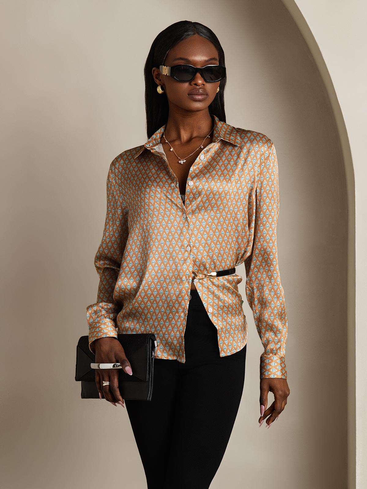 [Floral] SilkSilky-CA 19Momme Stretch Silk Charmeuse Long Sleeve Lapel Collar Women's Shirt 006