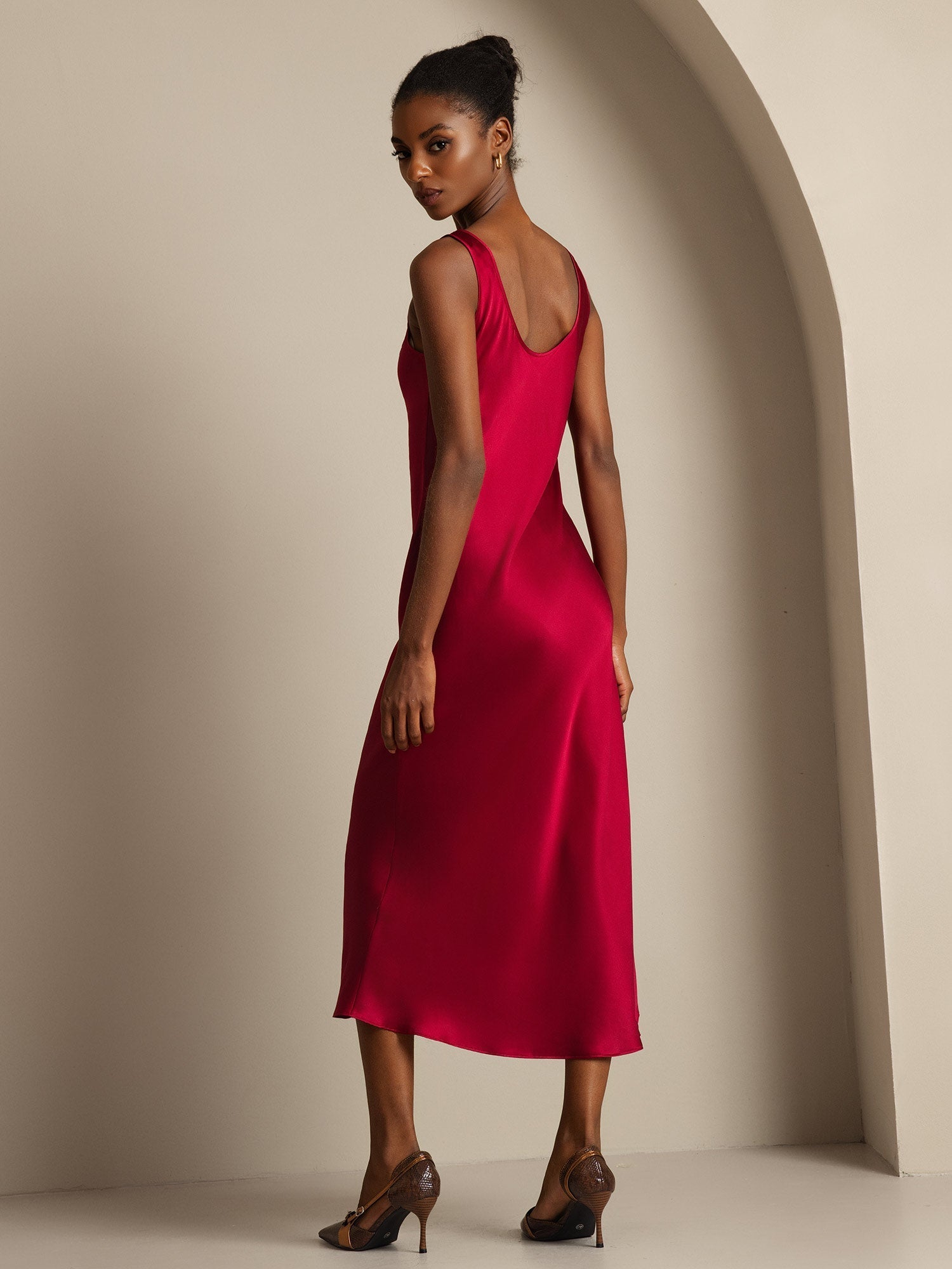 [Wine] SilkSilky-CA Pure Silk Boat Neck Dress 002,