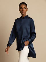 [Dark Blue] SilkSilky-CA 19Momme Stretch Silk Charmeuse Long Sleeve Stand Collar Blouse 004