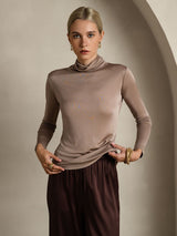 [Khaki] SilkSilky-CA Silk Jersey Long Sleeve Turtle Neck Women's T-Shirt 004