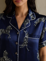 [Navy Zebra] SilkSilky-CA Short Sleeve Lapel Collar Women's Pajamas 004
