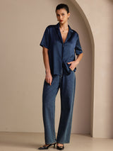 [Dark Blue] SilkSilky-CA Short Sleeve Notch Collar Women's Shirt 007