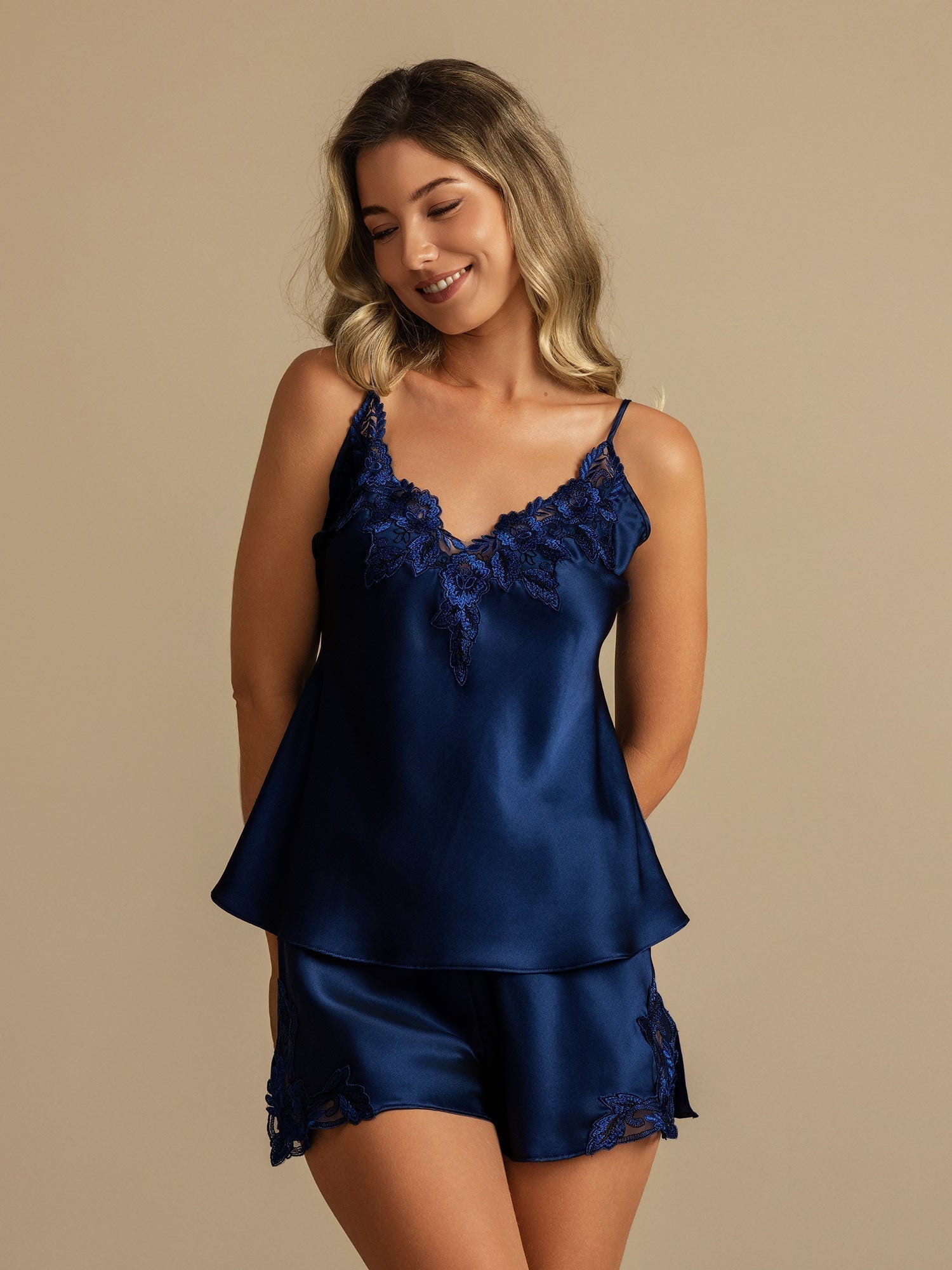 [Dark Blue] SilkSilky-CA Pure Silk Spaghetti Strap Deep V Neck Camisole Set 001