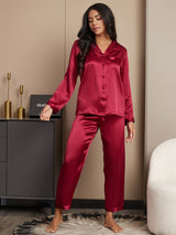 [Wine] SilkSilky-CA Long Sleeve Lapel Collar Women's Pajamas 001