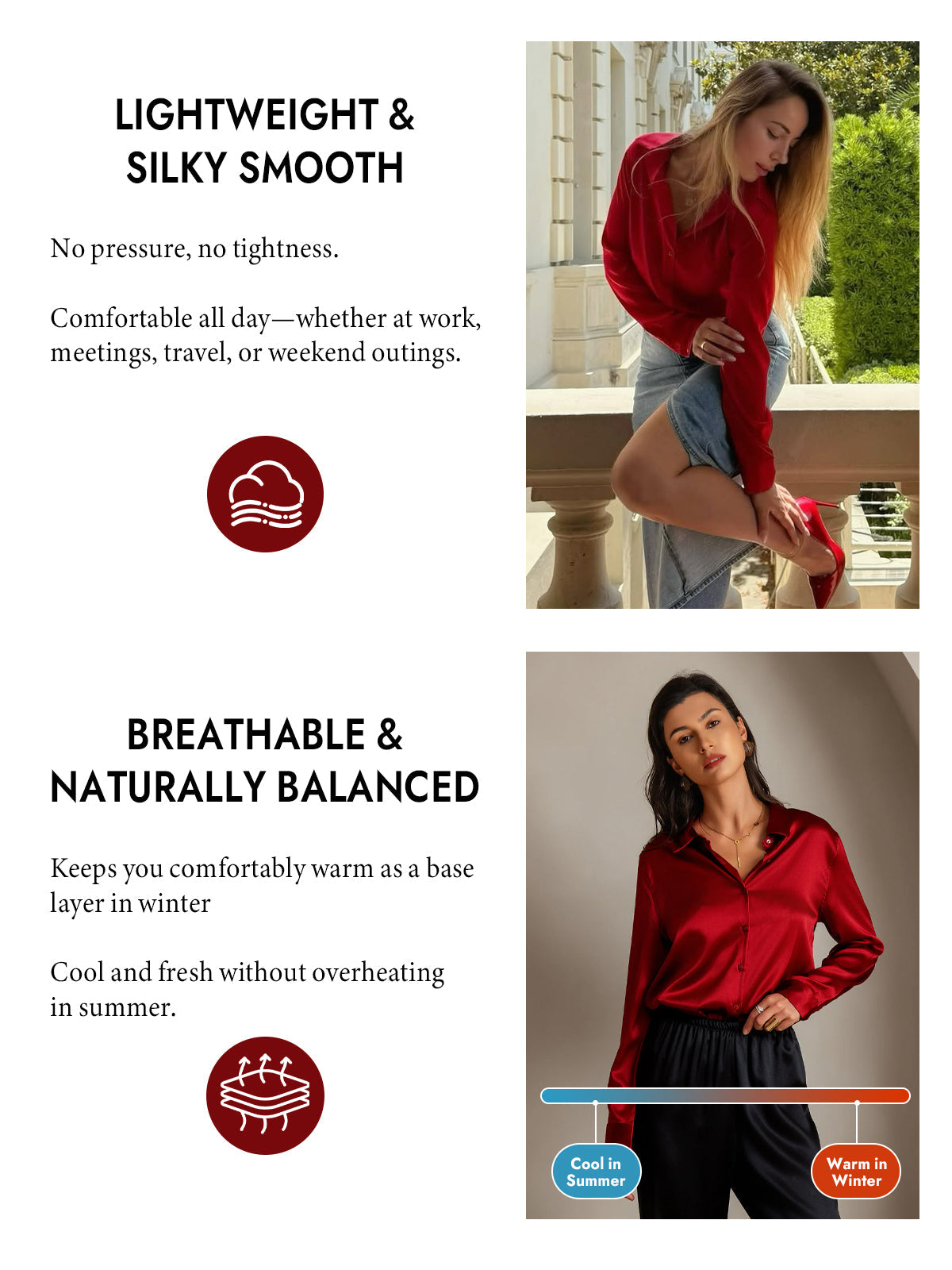 [Red] SilkSilky-CA Silk Long Sleeve Lapel Collar Women's Shirt 004