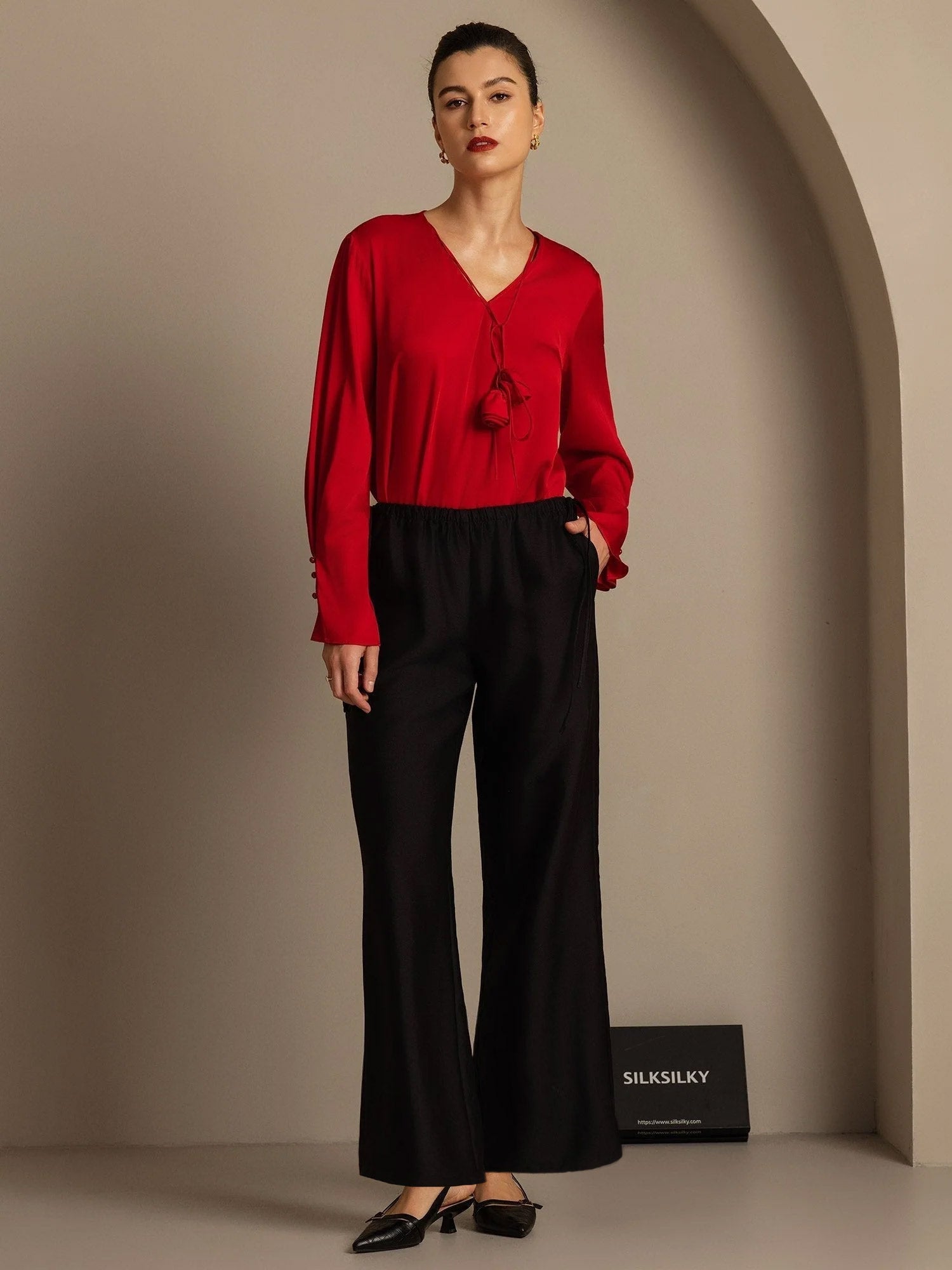 [Black] SilkSilky-CA 32Momme Silk-Wool Blend Womens Pants 007,