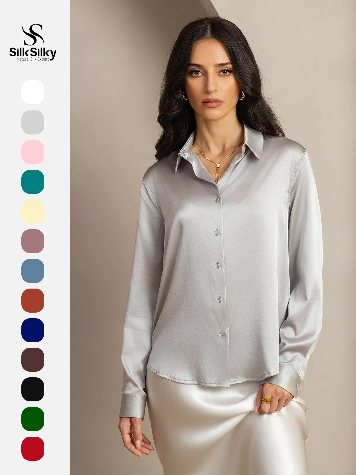 [Light Gray] SilkSilky-CA Silk Long Sleeve Lapel Collar Women's Shirt 001