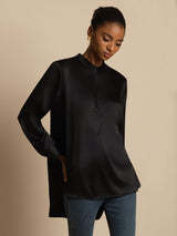 [Black] SilkSilky-CA 19Momme Stretch Silk Charmeuse Long Sleeve Stand Collar Blouse 001