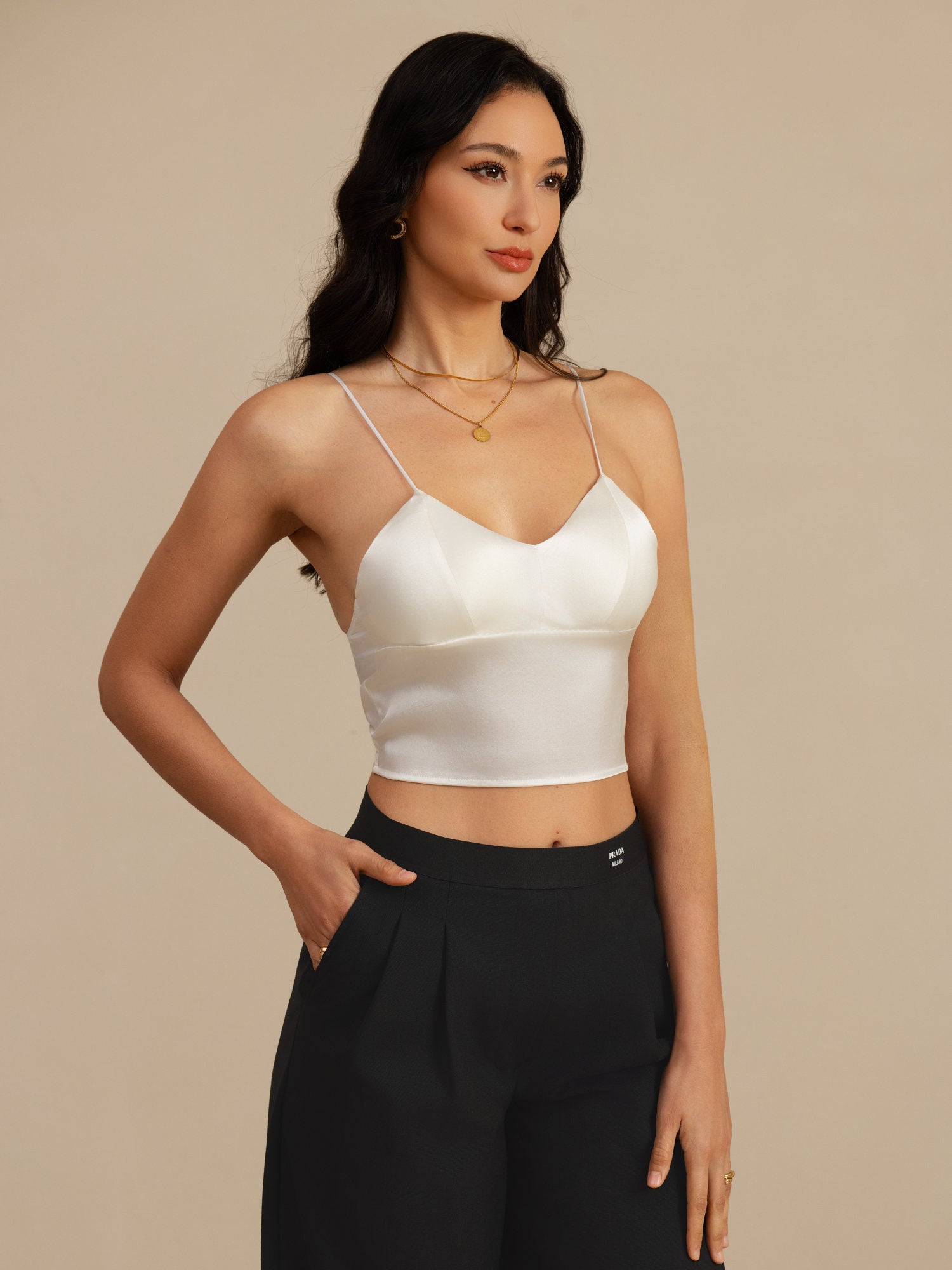 [White] SilkSilky-CA Spaghetti Strap V Neck Camisole 001