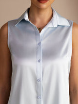 [Light Blue] SilkSilky-CA Sleeveless Lapel Collar Women's Shirt 004