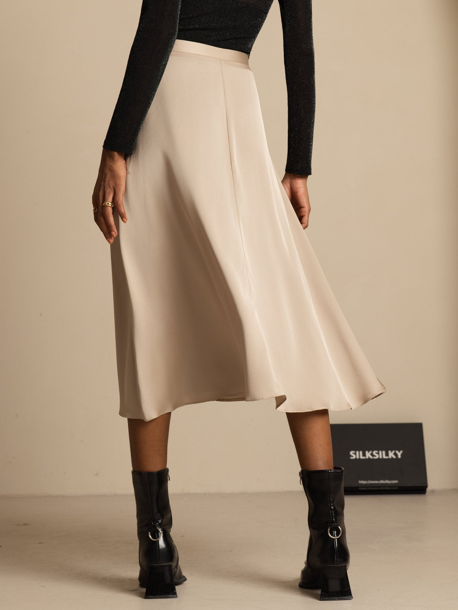 [Tan] SilkSilky-CA 19Momme Stretch Silk Double Georgette Skirt 002