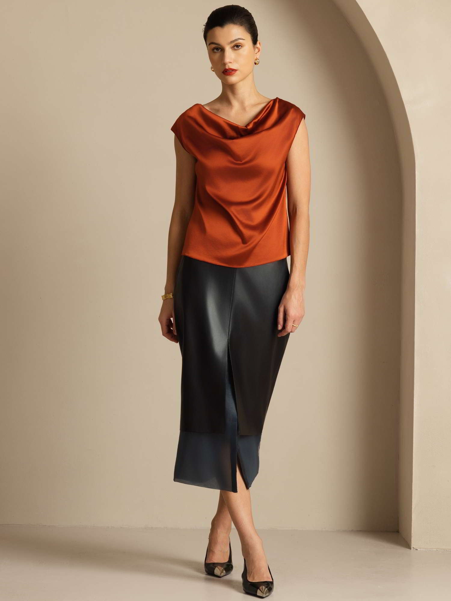 [Caramel] SilkSilky-CA 19Momme Silk Cap Sleeve Cowl Neck Women's T-Shirt 007