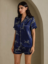 [Navy Zebra] SilkSilky-CA Short Sleeve Lapel Collar Women's Pajamas 003