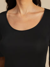 [Black] SilkSilky-CA Half Sleeve Scoop Neck Women's T-Shirt 006