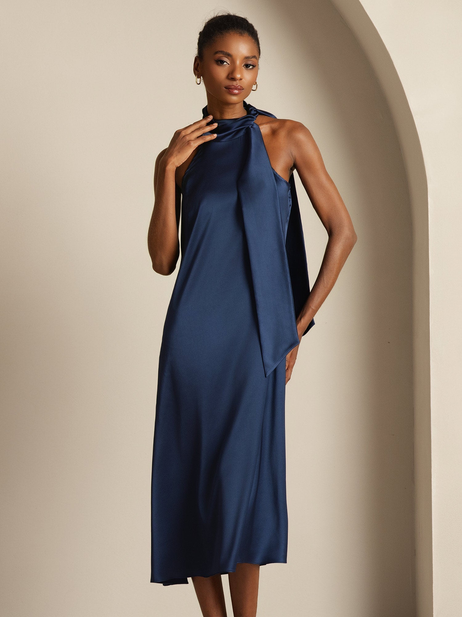 [Dark Blue] SilkSilky-CA 19Momme Silk Tie Neck Dress 009,