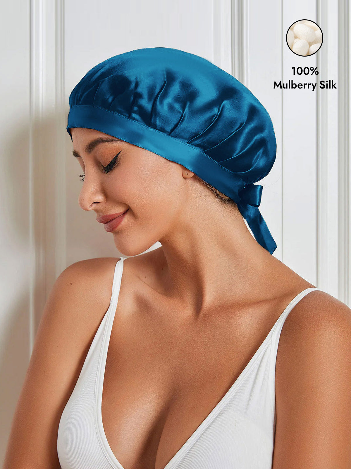 [Teal] SilkSilky-CA Pure Silk Sleep Cap 001