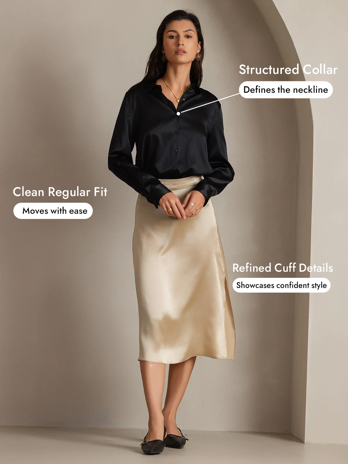 [Black] SilkSilky-CA Silk Long Sleeve Lapel Collar Women's Shirt 005