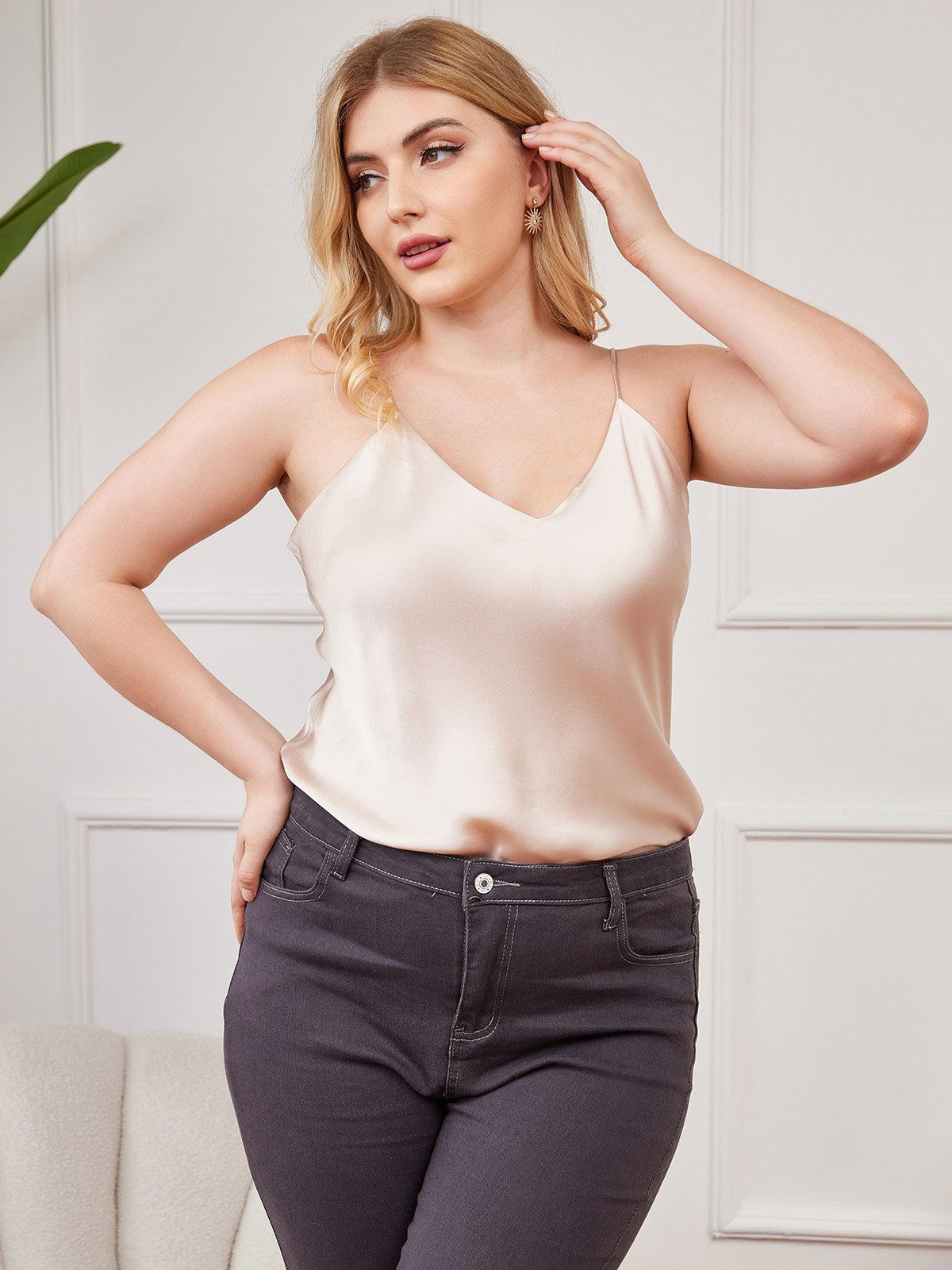 SilkSilky-CA Pure Silk Deep V Neck Plus Size Camisole Top Beige 001