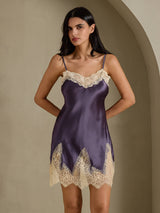 [Purple Gray] SilkSilky-CA Spaghetti Strap V Neck Nightgown 009