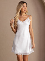 [White] SilkSilky-CA Spaghetti Strap V Neck Nightgown 005