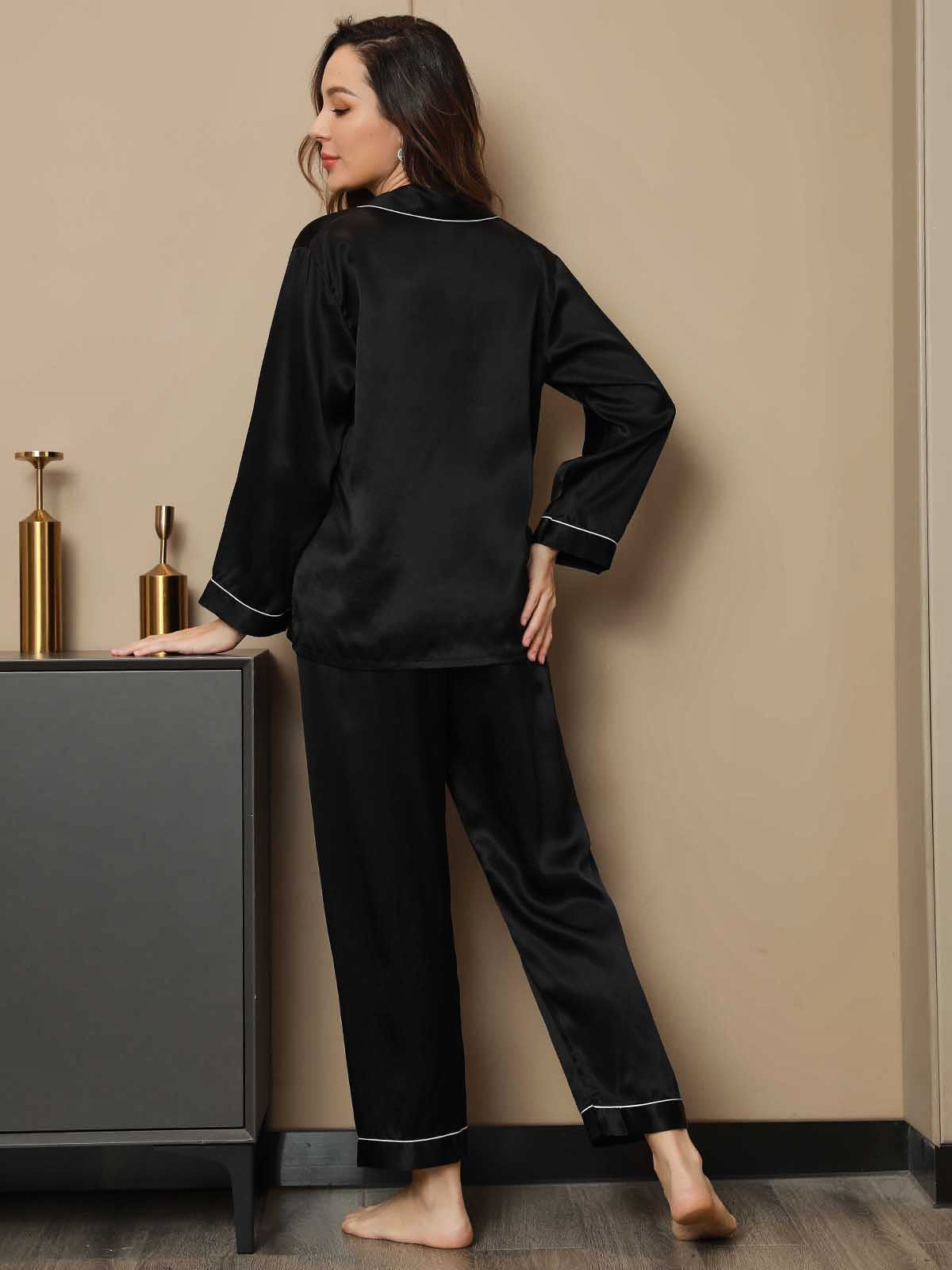 SilkSilky CA Pure Silk Long Sleeve Lapel Women's Pajamas Black 002