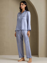 [Steel Blue] SilkSilky-CA Long Sleeve Lapel Collar Women's Pajamas 007