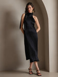 SilkSilky CA 19Momme Silk Sleeveless Tie Neck Dress Black 006