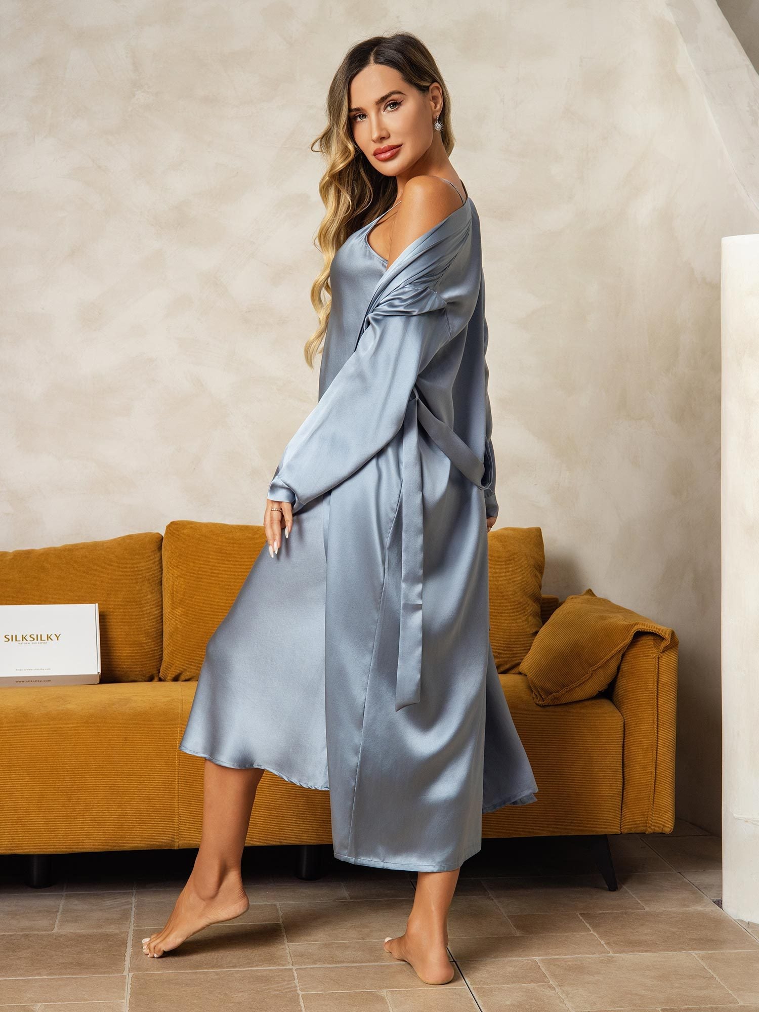 [GrayishBlue] SilkSilky-CA Pure Silk V Neck Nightgown&Robe Set 002