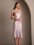 SilkSilky-CA Pure Silk Deep V Neck Dress Lavender 004