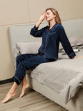 SilkSilky-CA Pure Silk Long Sleeve Lapel Women's Pajamas DarkBlue 005