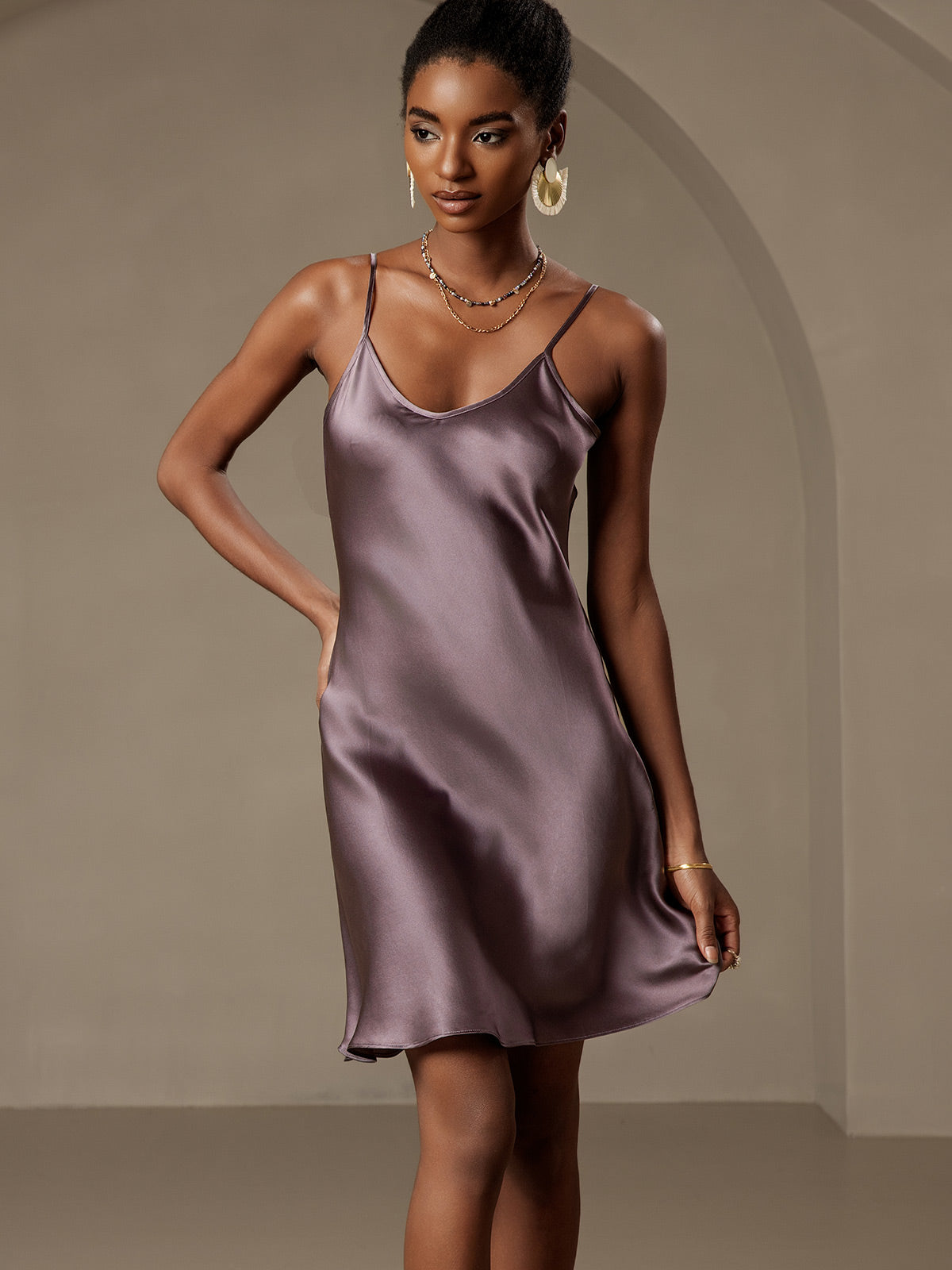 [Purple Gray] SilkSilky-CA Pure Silk V Neck Dress 005