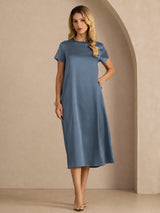 [Real Teal] SilkSilky-CA Short Sleeve Crew Neck Dress 007