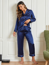 [Dark Blue] SilkSilky-CA Pure Silk Long Sleeve Notch Collar Women's Pajamas 002