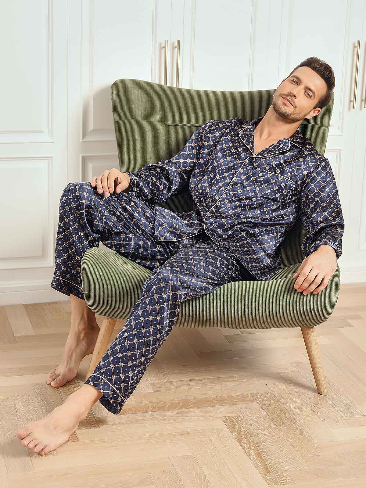 SilkSilky CA 19Momme Pure Silk Long Sleeve Lapel Men's Pajamas DarkBlue 007