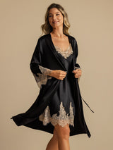 [Black] SilkSilky-CA 3/4 Sleeve V Neck Nightgown&Robe Set 007