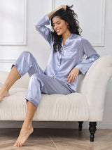 [Steel Blue] SilkSilky-CA Long Sleeve Lapel Collar Women's Pajamas 003