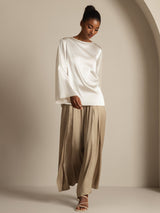 [White] SilkSilky-CA Long Sleeve Boat Neck Blouse 008