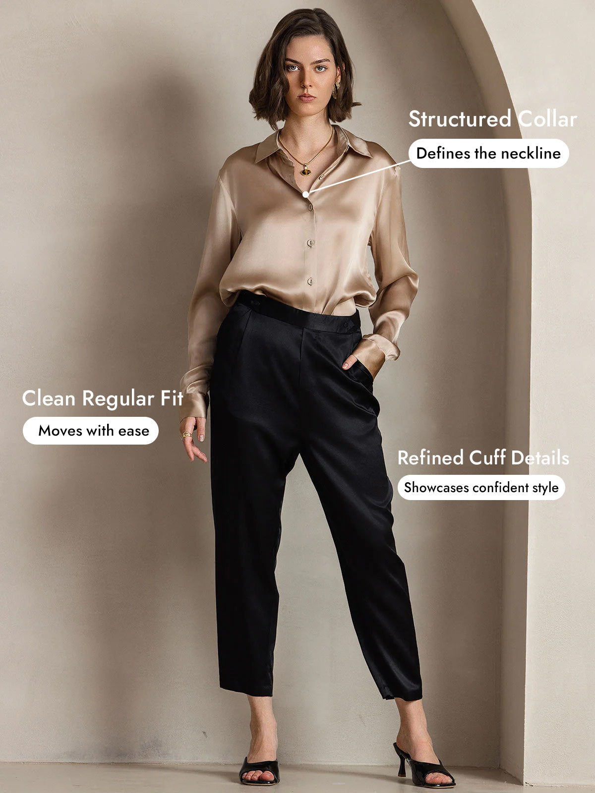 [Champagne] SilkSilky-CA Silk Long Sleeve Lapel Collar Women's Shirt 005