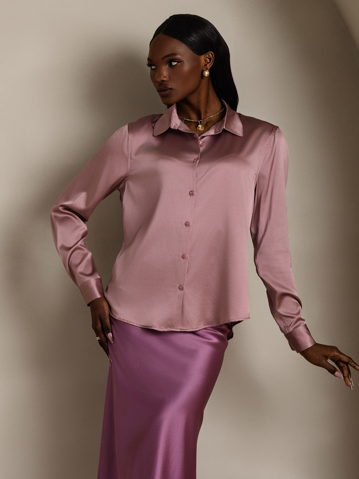 SilkSilky-CA Silk Long Sleeve Collar Women's Shirt PaleMauve 004