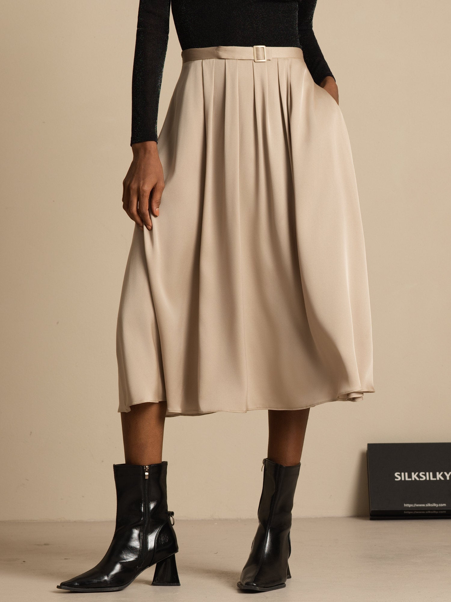 [Tan] SilkSilky-CA 19Momme Stretch Silk Double Georgette Skirt 004