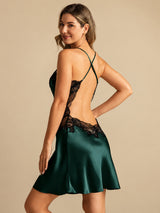 [Emerald Green] SilkSilky-CA Spaghetti Strap V Neck Nightgown 002